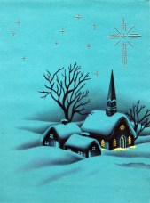 Classic Christmas Card 1960 - Church Building and Parsonage on a Silent Night - Snowy Christmas Scene