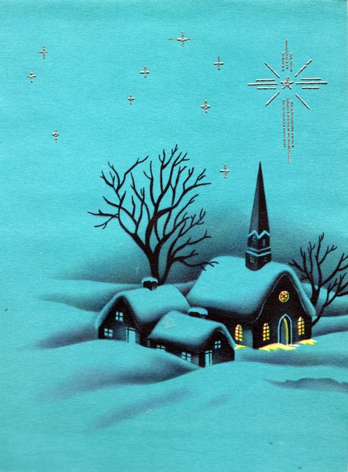 Classic Christmas Card 1960 - Church Building and Parsonage on a Silent Night - Snowy Christmas Scene