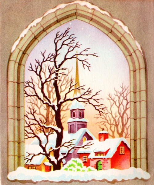 Classic Christmas Card 1960 - Church Building in Winter - Snowy Scene