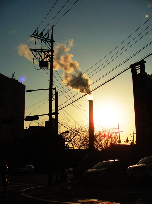 Smokestack - Seoul, South Korea - Sunset - Silhouettes - Pollution - Power Lines - Transformer 