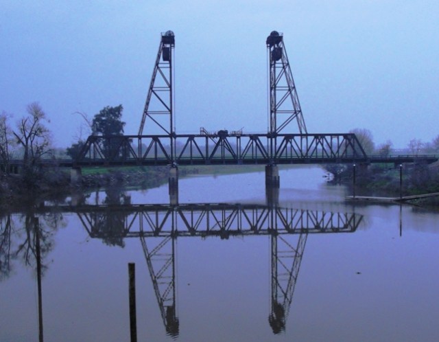Mossdale Bridge - San Joaquin River - Final Link in Transcontinental Railroad - Railroad Bridge - Reflections - Vertical Lift Drawbridge