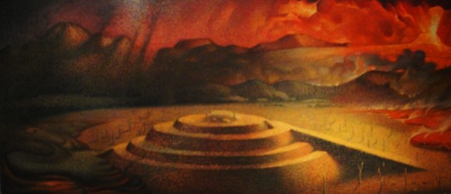 Artistic representation of Cuicuilco - Circular Pyramid - Lava Flows - Volcanic Eruption - Huehuetéotl worship - Fire God - Pilgrimage site