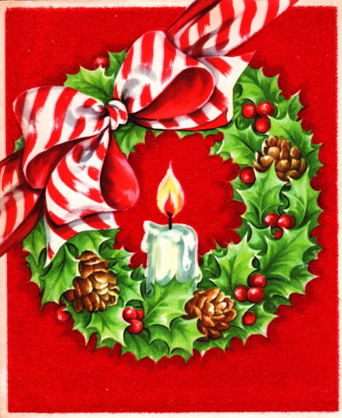 Candle in Wreath - Classic Christmas Card - Holiday Wreath and Candle - Christmas - Peppermint Bow
