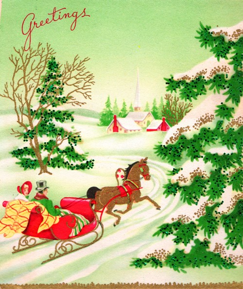 Holiday Card - Greeting Card - Christmas Card - Sleigh - Winter Scene - Pine Trees