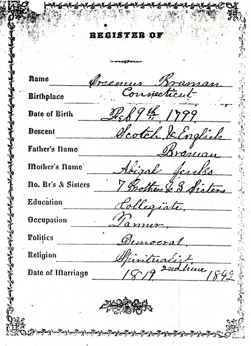 Ancestor Description - Orsamus Braman - Orsemus Braman - Family Register