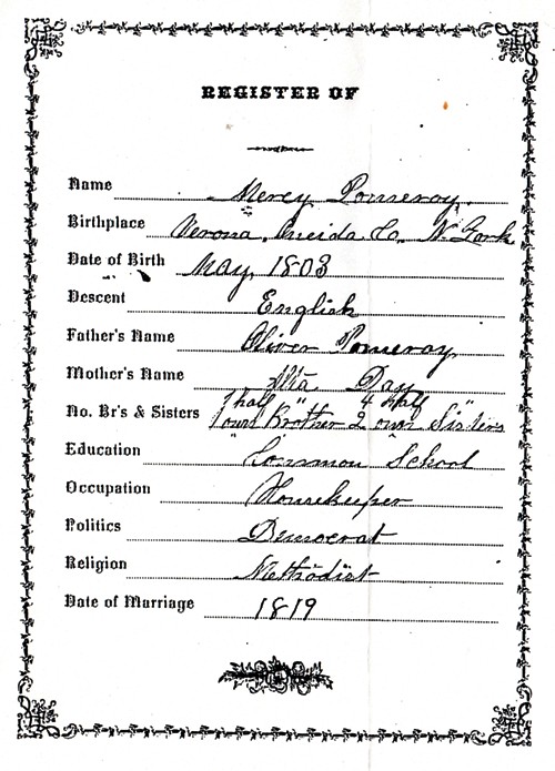 Mercy Pomeroy - Register - Family History - Orsamus Braman - Oliver Pomeroy - Alta Day - Dunkirk, New York