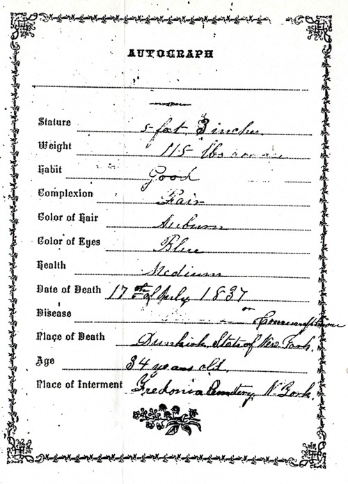 Mercy Pomeroy - Register - Family Record - Ancestor Description - Dunkirk, New York - Fredonia, New York
