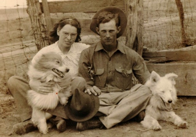 Love at the Farm - Engagement Picture - Grandma and Grandpa with Dogs - Farm Picture