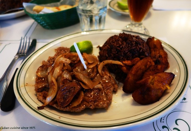 Palomilla a la Plancha, Cuban Cuisine, Versailles, Plantains, Beans and Rice