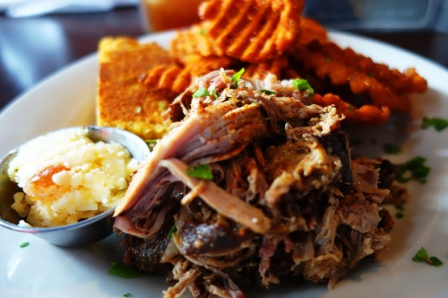 Pulled Pork Plate, BBQ, Sweet Potato Fries, Cornbread, Apricot BBQ