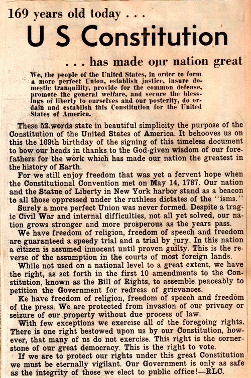 Constitution Day, We the People, History, Newspaper Clipping