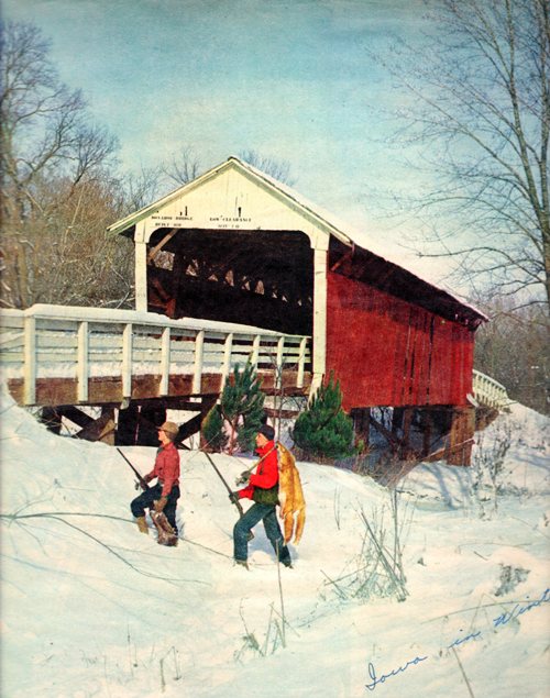 Iowa Winter, Covered Bridge, Hunting, Foxes, Snow Scene