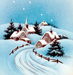 Snow Scene, Village in Snow, Country Snow Scene, Little Village church