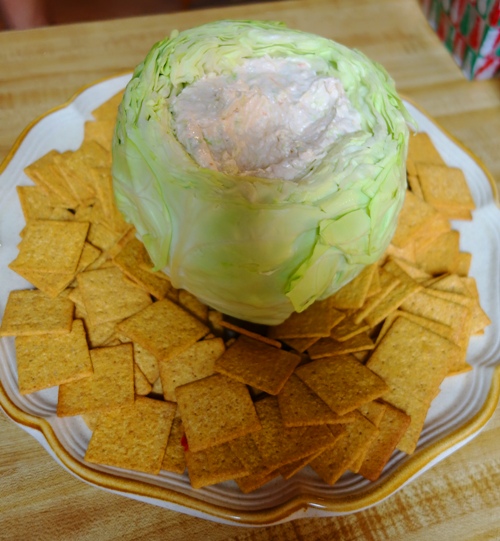 Cool Party Food, cabbage bowl, Unique Serving Bowl, Crackers, Dip