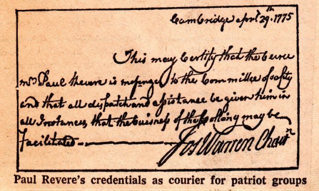 Paul Revere, Credentials, Famous Ride of Paul Revere, Concord