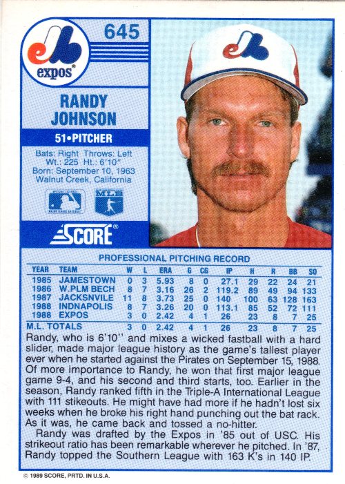 Randy Johnson Rookie Card, Montreal Expos, Hall of Fame, Score Rookie Card, Baseball Cards