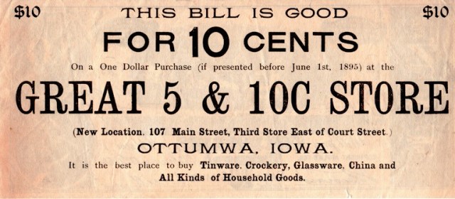 Ottumwa Iowa, Coupon, 1895 Coupon, Great 5 & 10 Cent Store