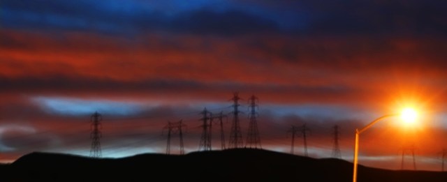 California Sunset, Patterson Hills, Ingram Creek, power lines at sunset