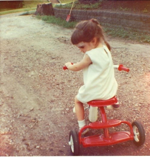 Girl on Trike, Sister's Trike, Tricycle, Little red trike
