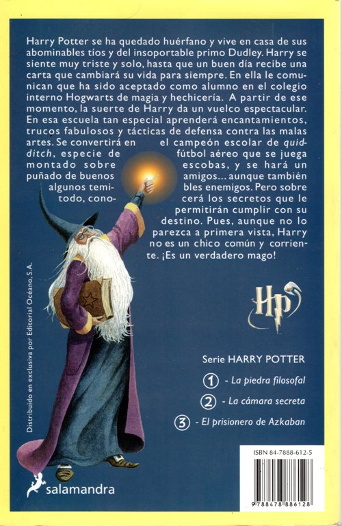 Harry Potter Back Cover, Spanish Edition, La Piedra filosofal, Harry Potter
