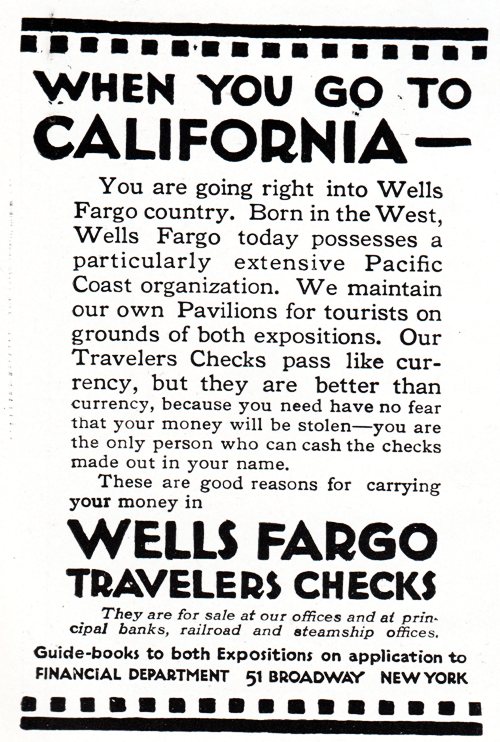 Wells Fargo Ad, 1915, Travelers Checks, California