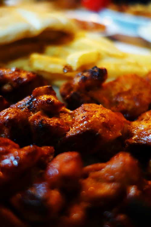 Chicken, shish kebap, Fries, Dinner, Food