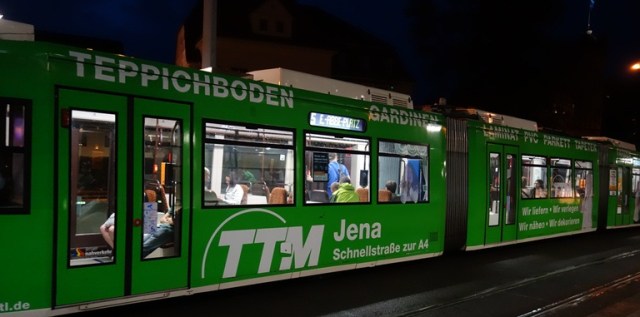 Jena, Germany, Strassenbahn, Street Train, Colorful train cars, Rainy night