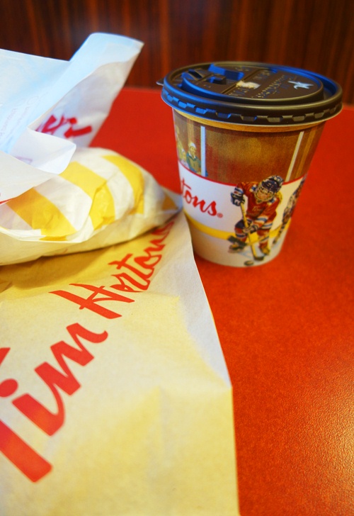 Tim Hortons, Breakfast, Sausage Biscuit, Donut, Hot Chocolate