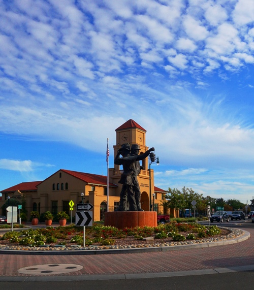 Harvest of Progress, Large Statue, Tracy, California, Railman, Farmer