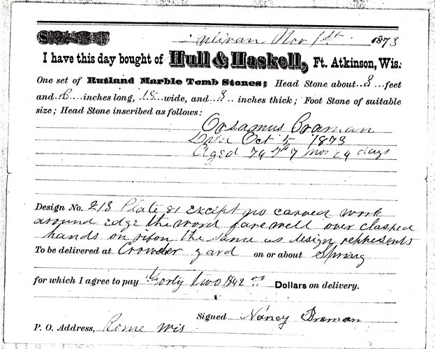 tombstone order, sullivan, wisconsin, rome wisconsin, Orsamus Braman