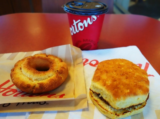 Tim Hortons Breakfast, Sour Cream Donut, Sausage Biscuit, Hot Chocolate