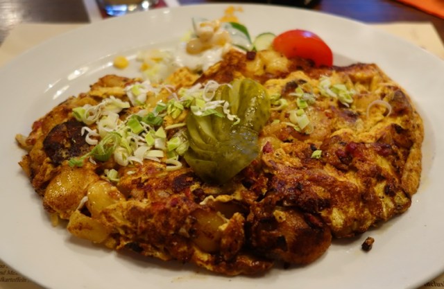 Bauernfrüstück, Farmer’s Breakfast, potato omelette with egg, roasted potatoes, onions, bacon