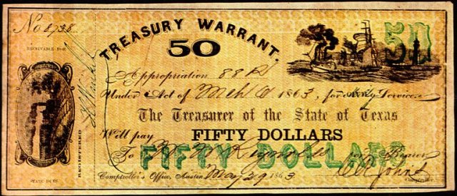 Texas Confederate Dollar, Treasurey Warrant, Civil War