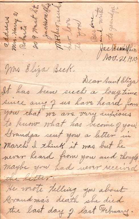 Eliza Jane Reynolds, Genealogy, 1910 letter, Family History