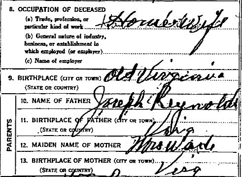 Death Certificate, Atchison County, Missouri, Eliza Reynolds Beck, Virginia, Joseph Reynolds