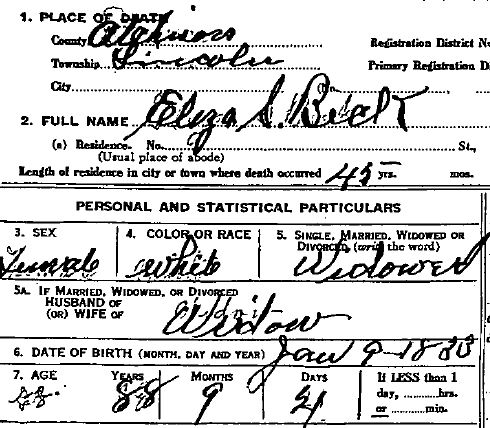 Eliza Beck, Reynolds, Atchinson, Missouri, Death Certificate