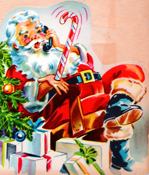 Santa Claus, Phone, presents, candy cane, red suit