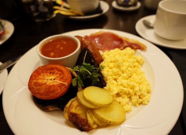 Sausage, Bacon, Eggs, Beans, Potatoes, Tomato, Blood Pudding