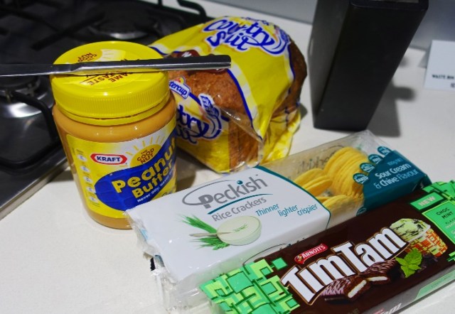 Peanut Butter, bread, crackers, timtams