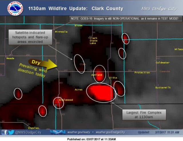 Clark County Kansas, Wildfires, Ranching Country, Satelitte pic, hot spots