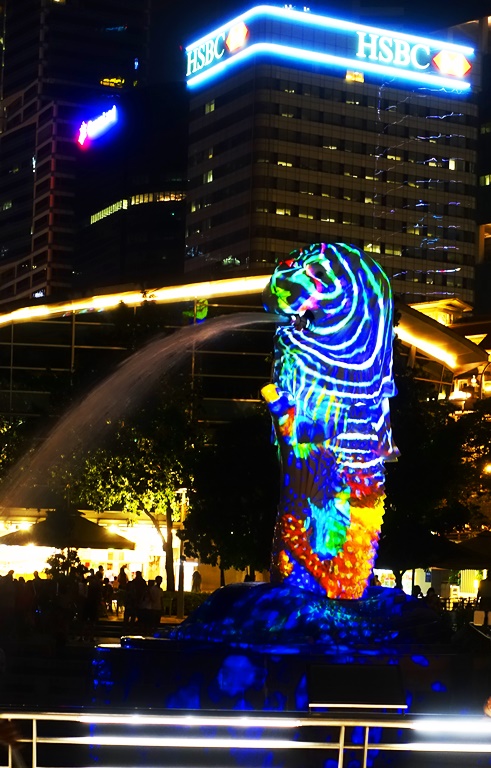 Merlion, Merlion Park, Singapore, colored lights