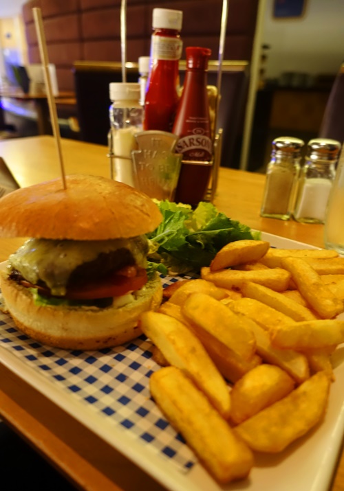 Hamburger, chips, fries, hotel food