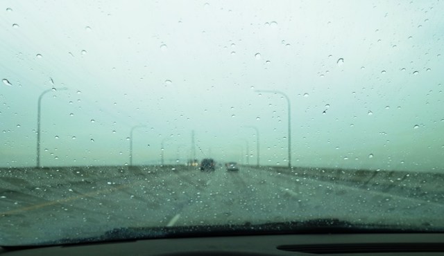 Rainy Day Travel, Driving in Rain, San Mateo Bridge, Raindrops, Windshield