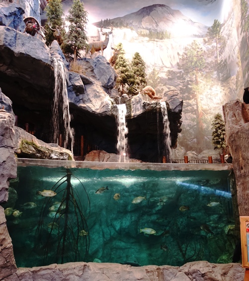 Waterfall, Lake, Mountains, Bass Pro Shops, Manteca