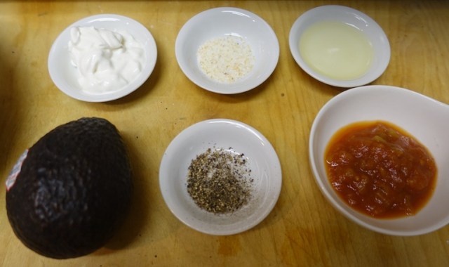 Guacamole, avocado, pepper, garlic salt, sour cream, salsa, olive oil