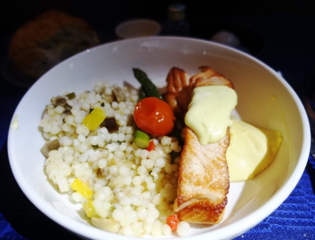 Salmon, business class, United Polaris Class, Sydney