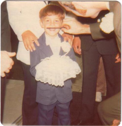 Wedding humor, ring bearer, mustache, comb