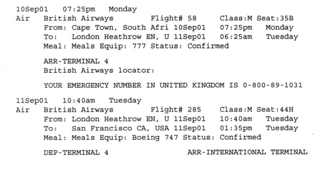 September 11 itinerary, South Africa, San Francisco, Memories, September 11