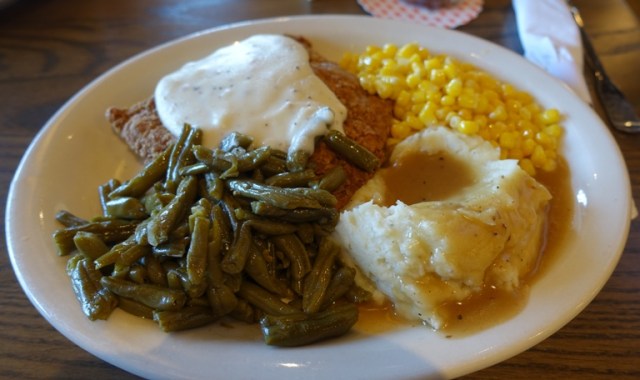 Chicken Fried Chicken, Cracker Barrel, Mashed Potatoes, Green Beans, Corn