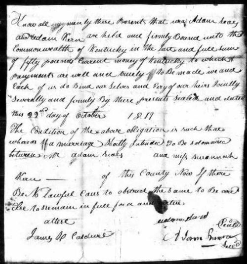 Marriage Bond, Nicholas County Kentucky, Adam Sears, Susannah Kern